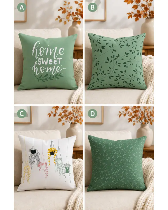 Double-Sided Printed Green Sweet Home Series Pattern Set of 4 Coordinated Suede Cushion Cover - PLG204 - 3