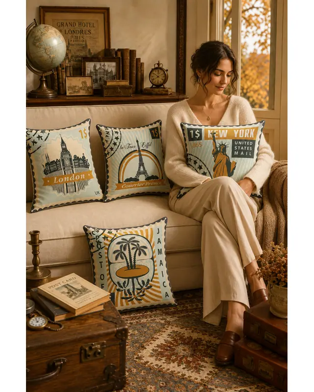 Double-Sided Printed Stamp Pattern Set of 4 Coordinated Suede Cushion Cover - 2