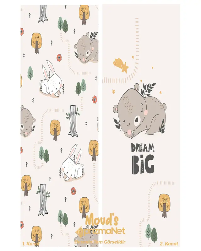 Rabbit and Beard-2 Patterned Printed Kids' and Baby Room Decorative Curtain - Set of 2 Panels - PRD-04-2 - 3