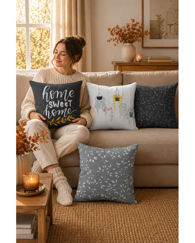 Double-Sided Printed Grey Sweet Home Series Pattern Set of 4 Coordinated Suede Cushion Cover - PLG200 - 2