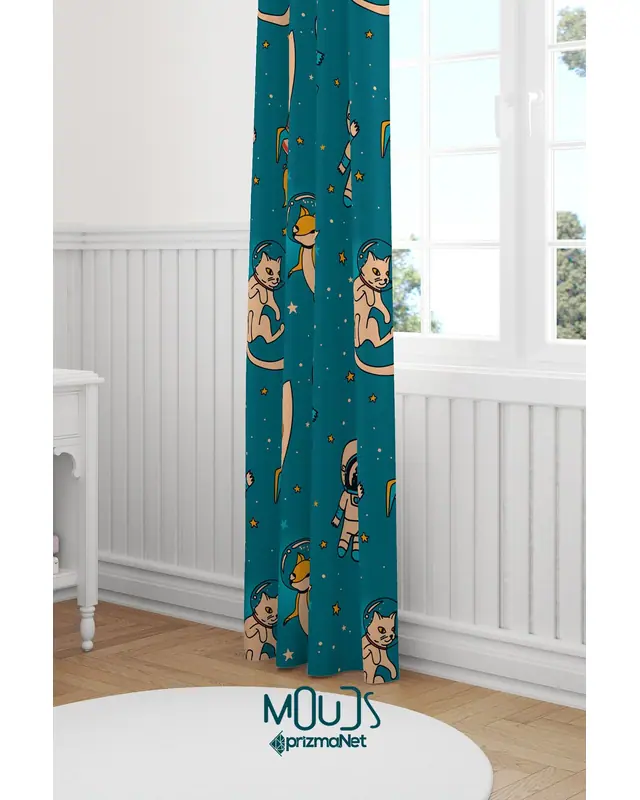 Space Tilki Cat Patterned Decorative Curtain Kids' and Baby Room Suede Digital Printing Pencil Pleat - Single Panel - PRD-53-TK - 2