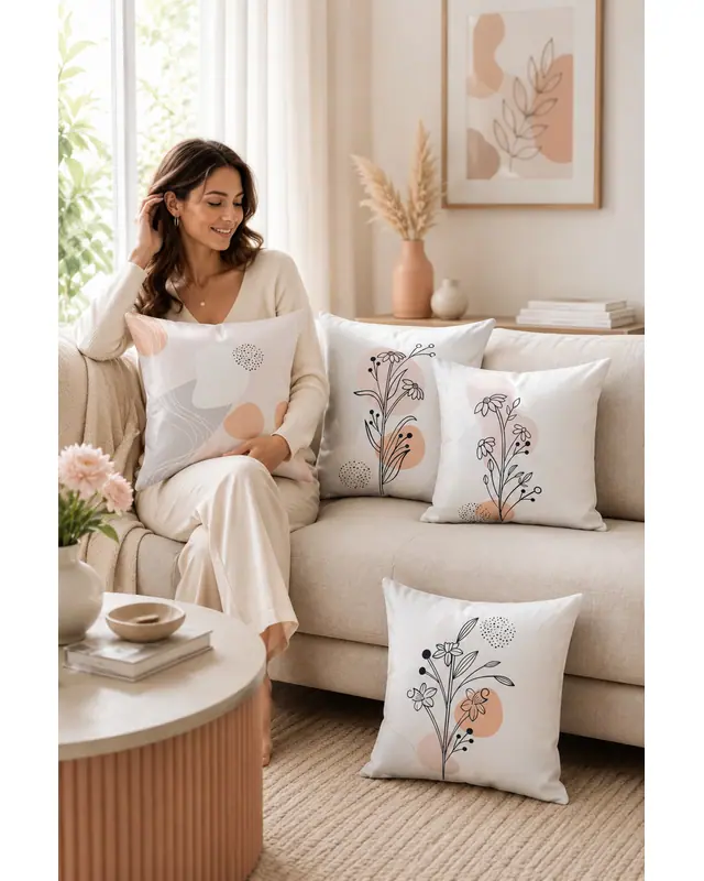 Double-Sided Printed Basic Flower Pattern Set of 4 Coordinated Suede Cushion Cover - 2