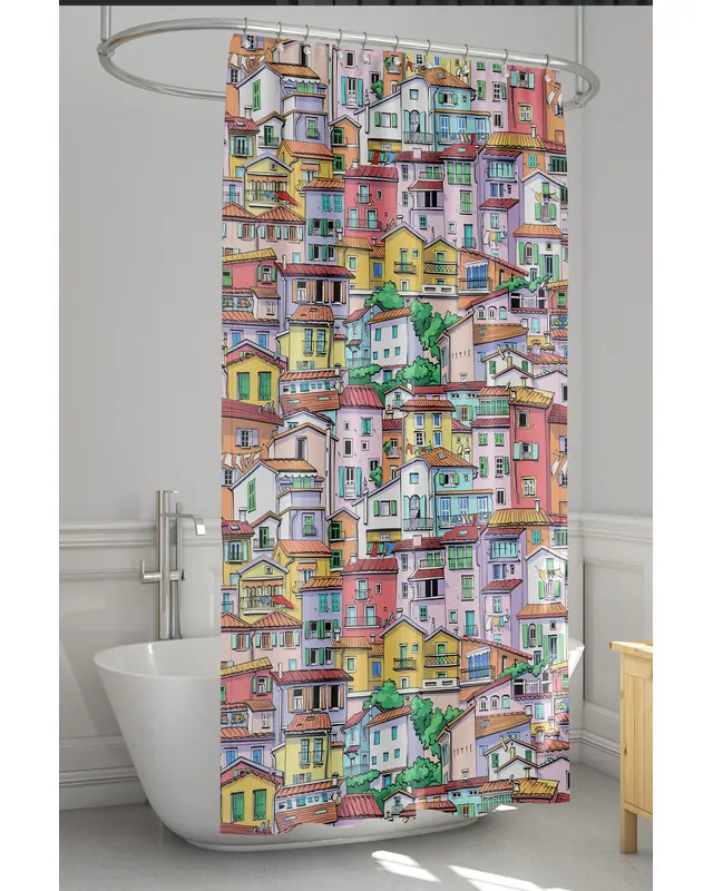 Banyo Perdesi, Renkli Evler Desenli Duş Perdesi, Küvet Perdesi, Halka Hediyeli 175x200cm BP-74
