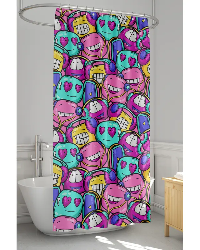 Banyo Perdesi, Sevimli Emoji Desenli Duş Perdesi, Küvet Perdesi, Halka Hediyeli 175x200cm BP-69