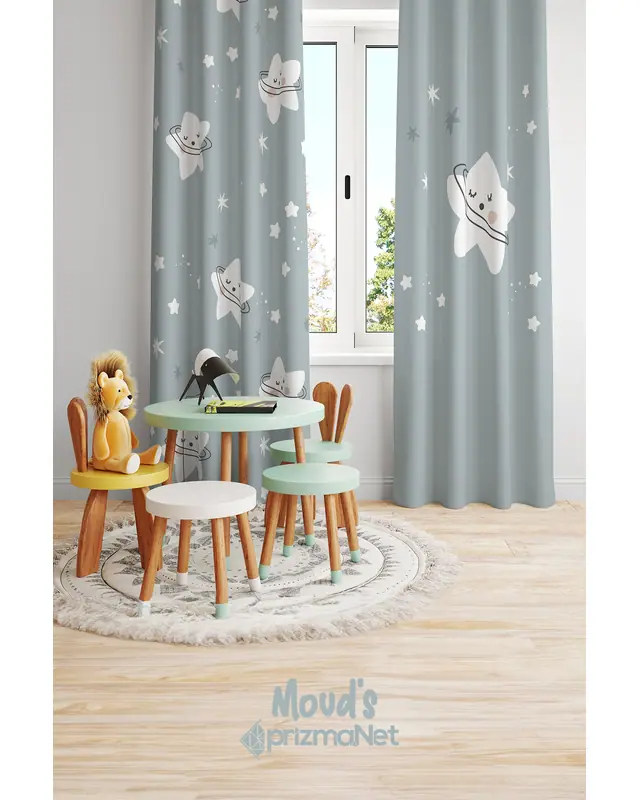 Tatlı Yıldız Desenli Baskılı Çocuk ve Bebek Odası Fon Perdesi 2 Kanat - PRD-13 - 2