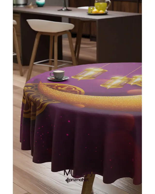 Ramazan Mor Ay Desenli Süet Kumaş Dertsiz Yuvarlak Masa Örtüsü Ramadan - 3