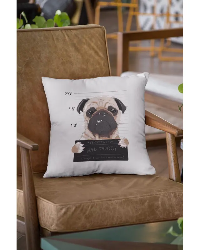 Çift Tarafı Baskılı Bad Puggy Köpek Desenli Süet Kırlent Kılıfı - PL773 - 3