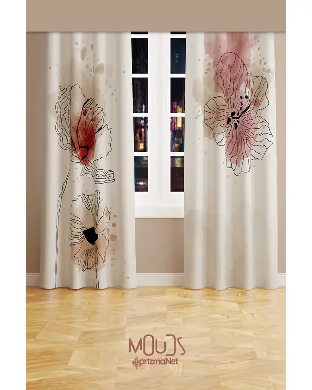Art Flora Desenli Süet Oturma Odası Salon Fon Perde Baskılı Ekstrafor Büzgü 2 Kanat PRD-1029