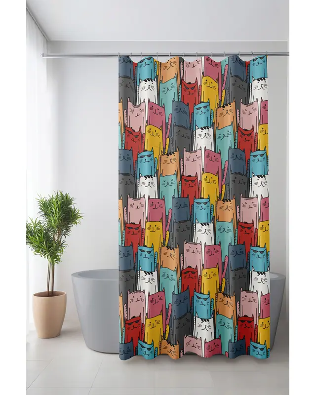 Banyo Perdesi, Stray Cat Kedi Desenli Duş Perdesi, Küvet Perdesi, Halka Hediyeli 175x200cm BP-57