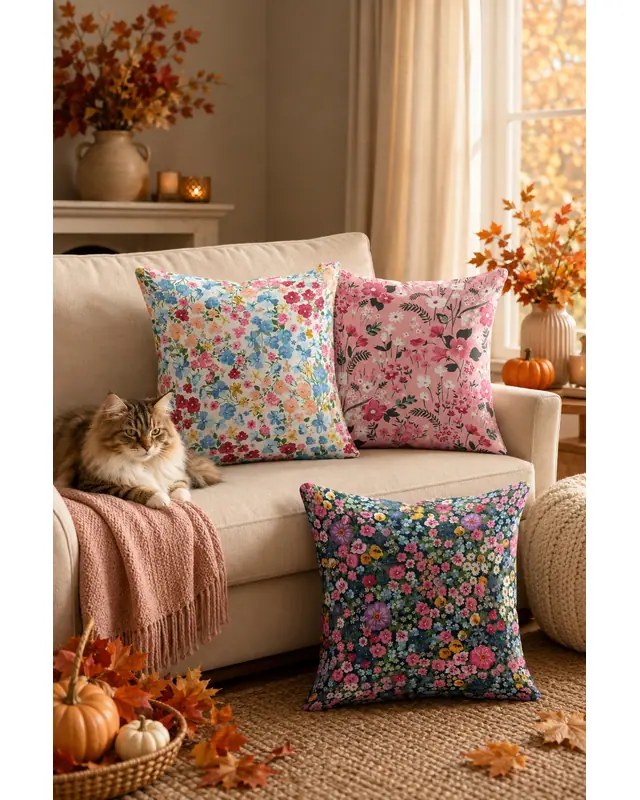 Double-Sided Printed Pastel Flower Pattern Set of 3 Coordinated Suede Cushion Cover - 5