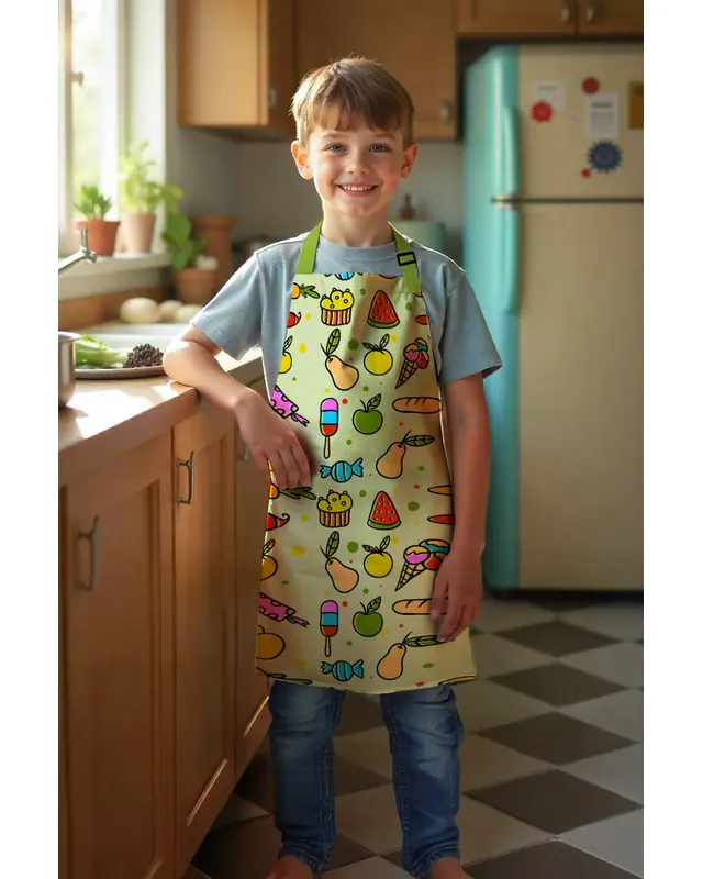 Çocuk Mutfak Önlüğü, Aktivite Önlüğü, Desenli Mutfak Önlüğü, 55 cm Boy 40 cm Genişlik Çocuk Önlüğü - 2