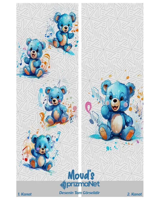 Blue Bear Patterned Printed Kids' and Baby Room Decorative Curtain - Set of 2 Panels - PRD-02 - 3
