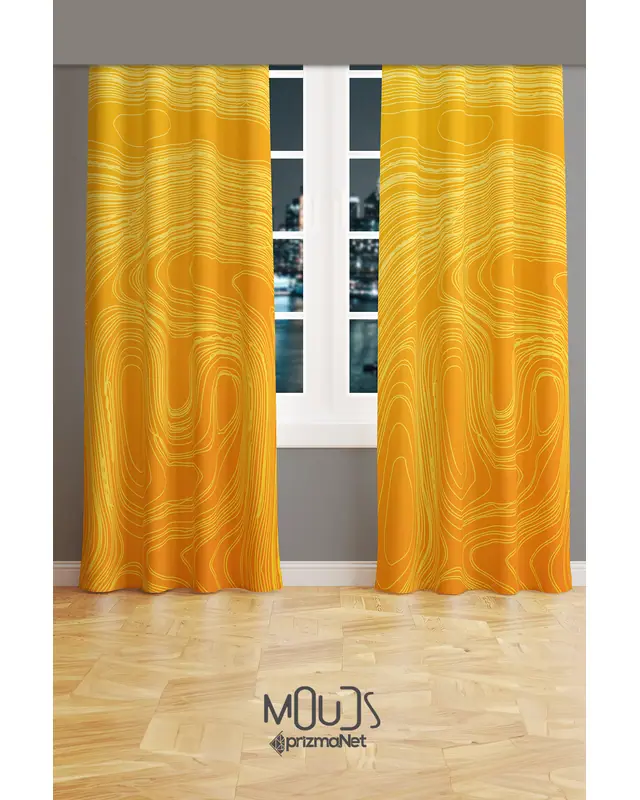Yellow Wave Stylee Patterned Suede Living Room Decorative Curtain Printed Pencil Pleat Body - Set of 2 Panels - PRD-1059 - 2