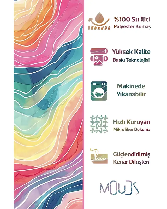 Banyo Perdesi, Renkli Dalgalar Desenli Duş Perdesi, Küvet Perdesi, Halka Hediyeli 175x200cm BP-04 - 2