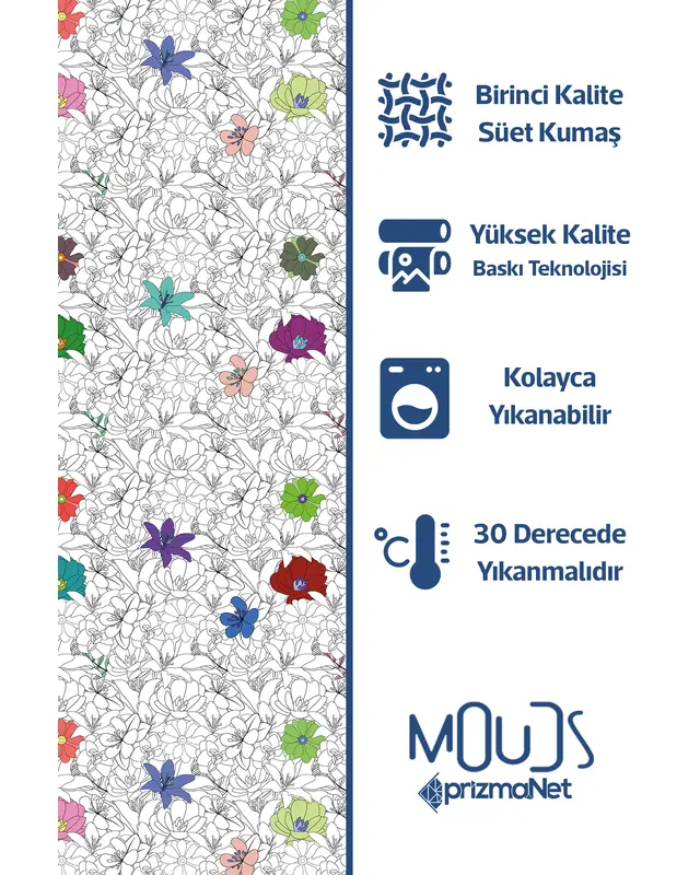 Çiçek Serisi Desenli Süet Oturma Odası Salon Fon Perde Baskılı Ekstrafor Büzgü 2 Kanat PRD-1007 - 6