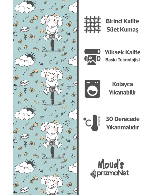 Cycling Elephant Patterned Printed Kids' and Baby Room Decorative Curtain - Set of 2 Panels - PRD-30 - 4