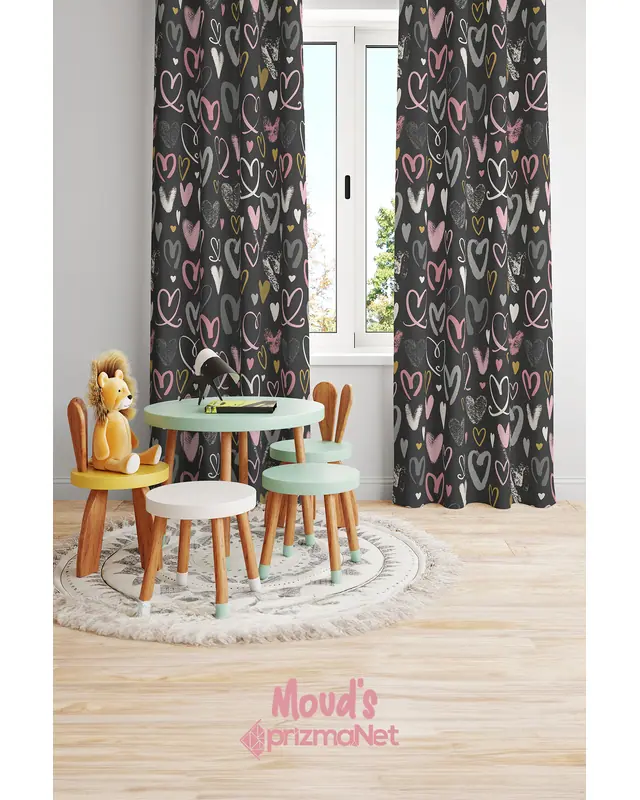 Gray Hearts Patterned Printed Kids' and Baby Room Decorative Curtain - Set of 2 Panels - PRD-34 - 2