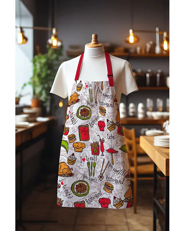 Süet Dokulu Kumaş Restoran Kafe Desenli Mutfak Önlüğü, Aşçı Önlüğü, Garson Önlüğü, Restoran Önlük