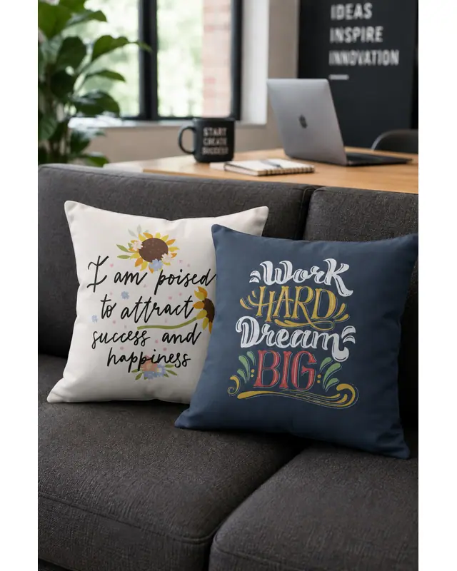 Çift Tarafı Baskılı Motivation Type Desenli 4'lü Kombin Süet Kırlent Kılıfı - 5