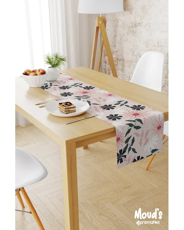 Mirror Flowers 4 Desenli Baskılı Süet Runner Masa Örtüsü