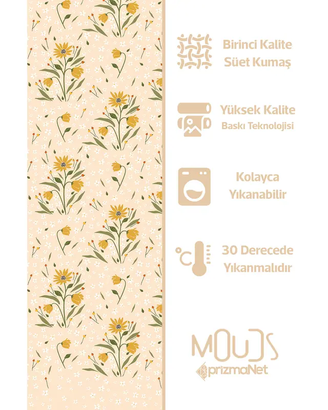 Camomile Papatya Desenli Süet Oturma Odası Salon Fon Perde Baskılı Ekstrafor Büzgü 2 Kanat PRD-1040 - 6