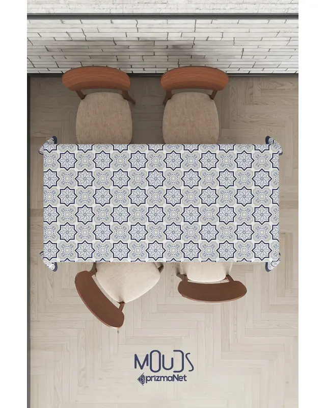 Navy Blue Smoky Grey Ornament Islamic Rectangular Easy-Care Suede-Feel Tablecloth - MS-233 - 6
