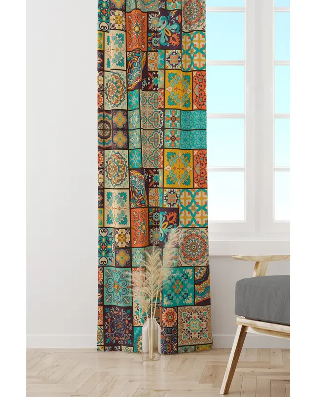 Ottoman Patterned Suede Living Room Decorative Curtain Printed Pencil Pleat - Single Panel - PRD-1084-TK - 2