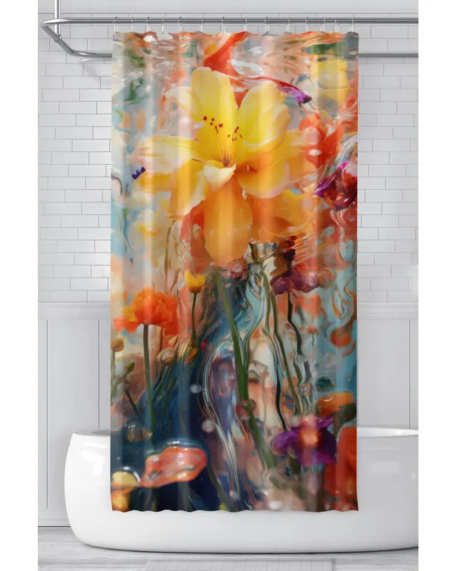 Banyo Perdesi, Yağlı Boya Çiçek Desenli Duş Perdesi, Küvet Perdesi, Halka Hediyeli 175x200cm BP-34