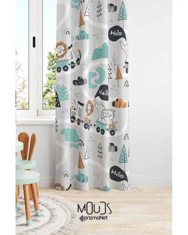 Toy Train Patterned Decorative Curtain Kids' and Baby Room Digital Printed Suede Pencil Pleat - Single Panel - PRD-10-TK