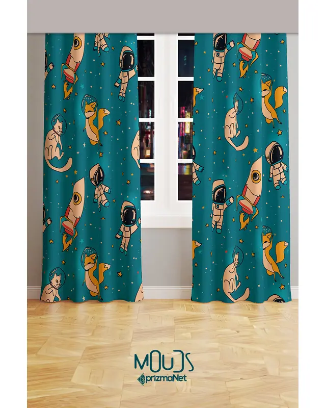 Space Tilki Cat Patterned Decorative Curtain Kids' and Baby Room Printed Suede Pencil Pleat - Set of 2 Panels - PRD-53 - 2