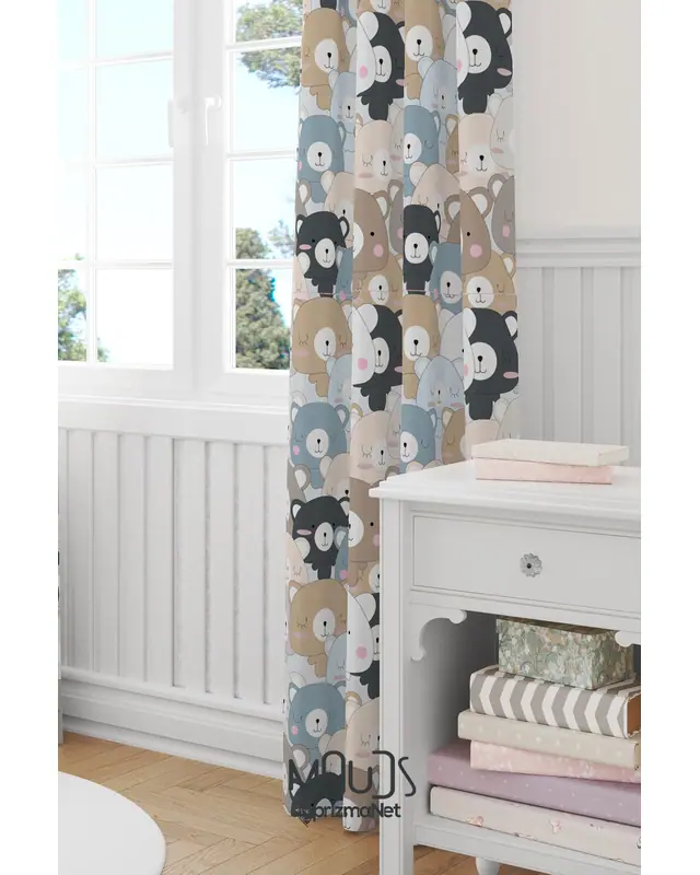Sweet Bears Patterned Decorative Curtain Kids' and Baby Room Printed Suede Pencil Pleat - Set of 2 Panels - PRD-50-TK - 2