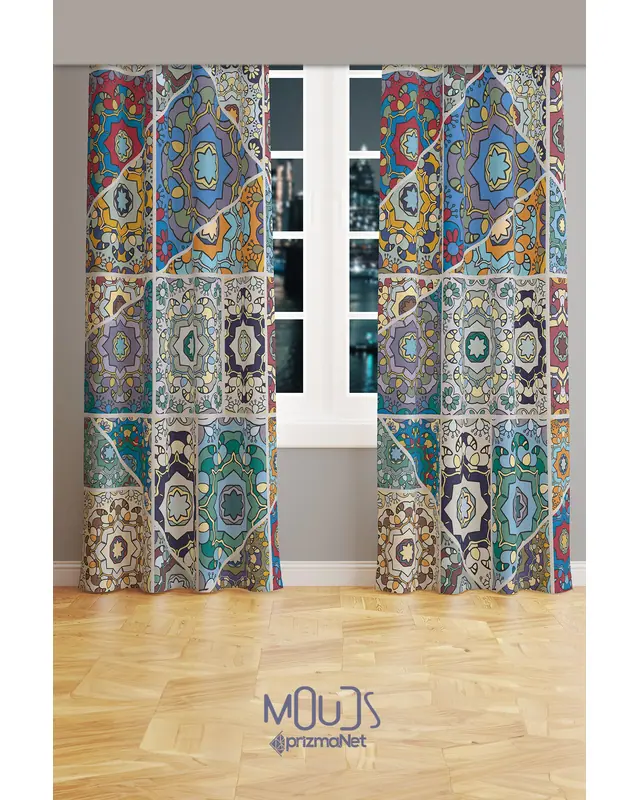 Mosque Tiles 4 Patterned Suede Living Room Decorative Curtain Printed Pencil Pleat Mattress 7 days - Set of 2 Panels - PRD-1087 - 2