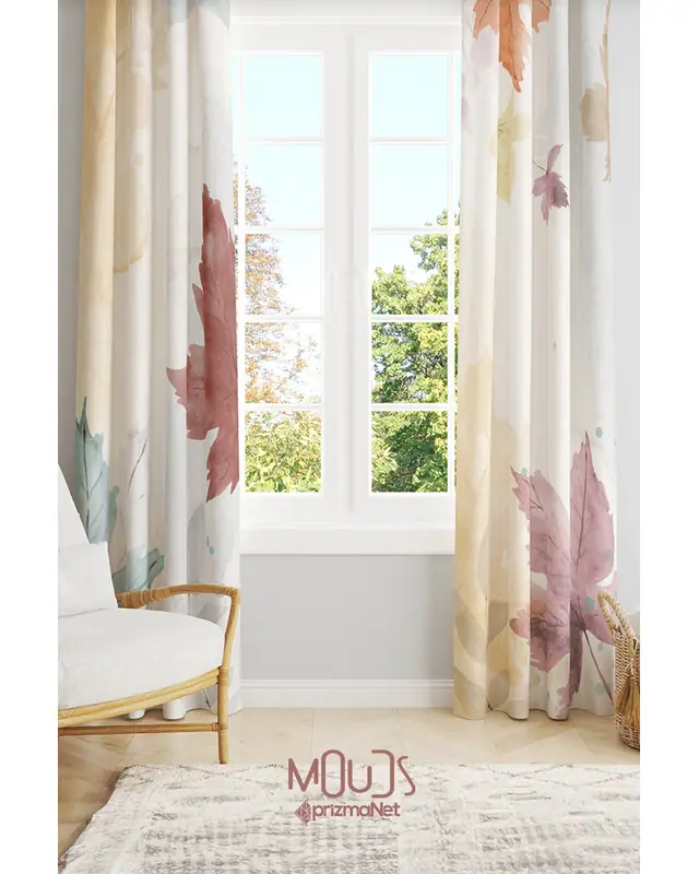Autumn Leaves Desenli Süet Oturma Odası Salon Fon Perde Baskılı Ekstrafor Büzgü 2 Kanat PRD-1060