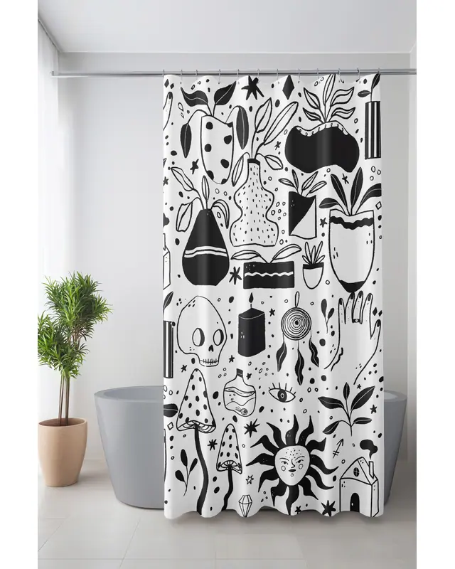 Banyo Perdesi, Siyah Semboller Desenli Duş Perdesi, Küvet Perdesi, Halka Hediyeli 175x200cm BP-20