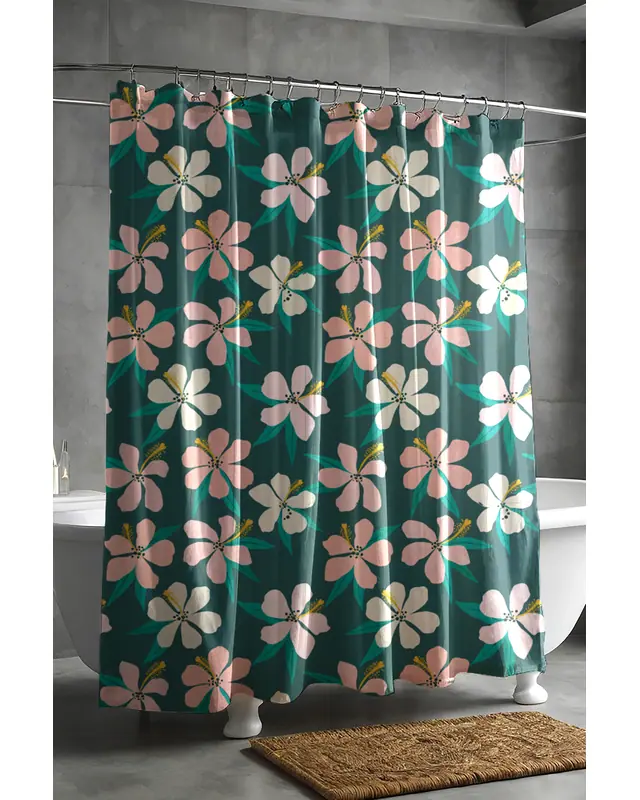 Banyo Perdesi, Koyu Yeşil Papatya Desenli Duş Perdesi, Küvet Perdesi, Halka Hediyeli 175x200cm BP-27