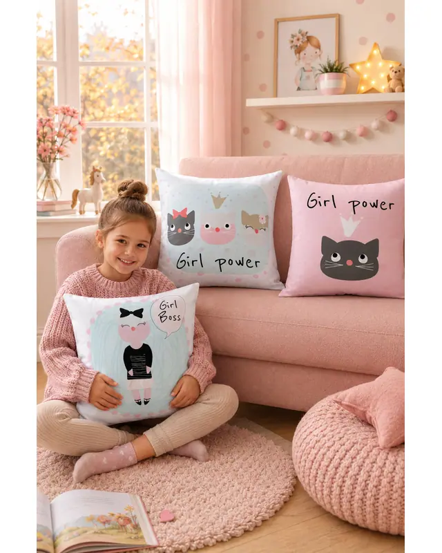 Double-Sided Printed Girl Power Pattern Set of 3 Coordinated Suede Cushion Cover - 2