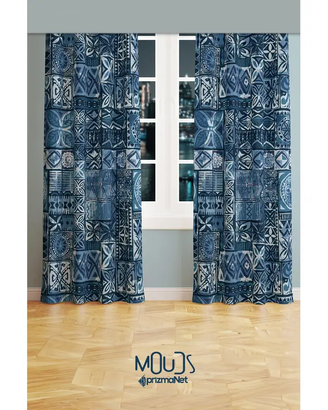 Ephesus Mosaic Patterned Suede Living Room Decorative Curtain Printed Pencil Pleat Body - Set of 2 Panels - PRD-1016 - 2