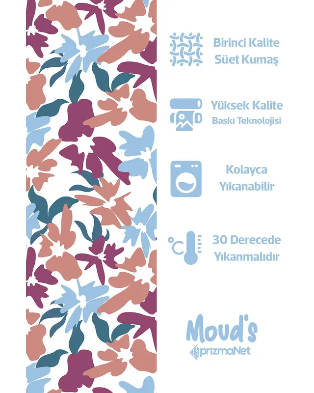 Mor Mavi Çiçekler Desenli Yuvarlak Süet Dertsiz Masa Örtüsü - 2