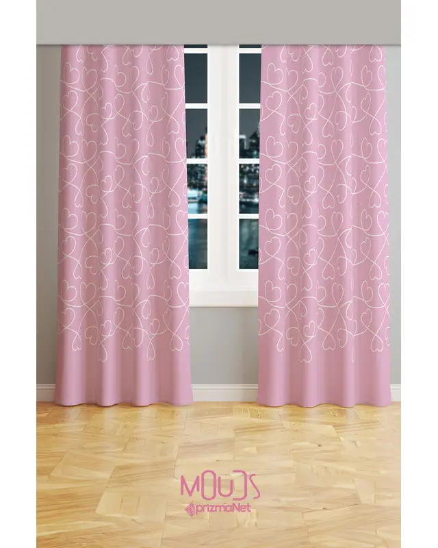 Pembe Kalpler Desenli Süet Oturma Odası Salon Fon Perde Baskılı Ekstrafor Büzgü 2 Kanat PRD-1045 - 2