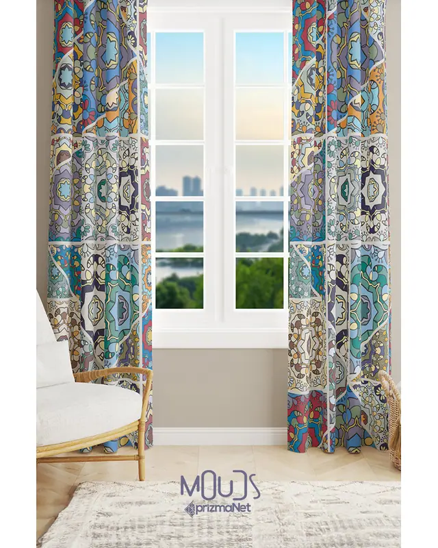 Mosque Tiles 4 Patterned Suede Living Room Decorative Curtain Printed Pencil Pleat Mattress 7 days - Set of 2 Panels - PRD-1087