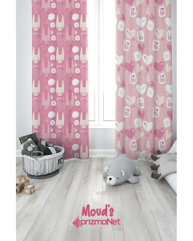 Love and Cat Patterned Printed Kids' and Baby Room Decorative Curtain - Set of 2 Panels - PRD-32