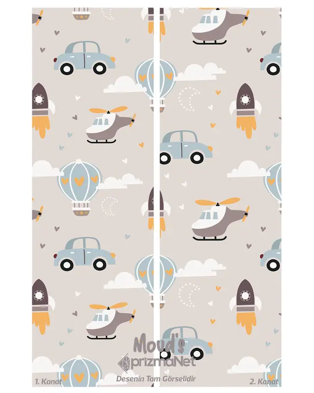 Car and Helicopter Patterned Printed Kids' and Baby Room Decorative Curtain - Set of 2 Panels - PRD-03 - 3