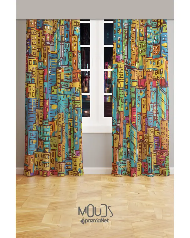 City Art Patterned Suede Living Room Decorative Curtain Printed Pencil Pleat Body - Set of 2 Panels - PRD-1092 - 2