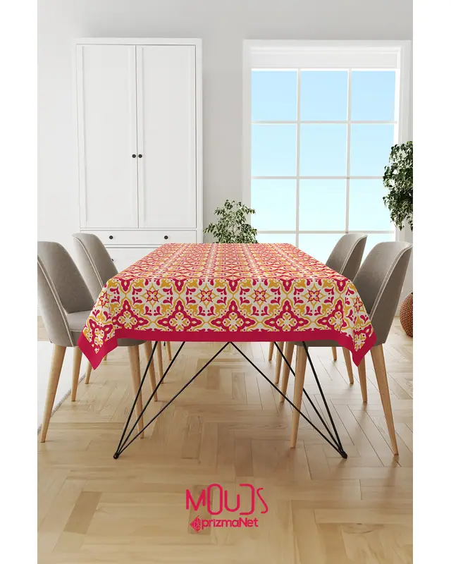 Burgundy Yellow Ornament Islamic Rectangular Easy-Care Suede-Feel Tablecloth - MS-234 - 4