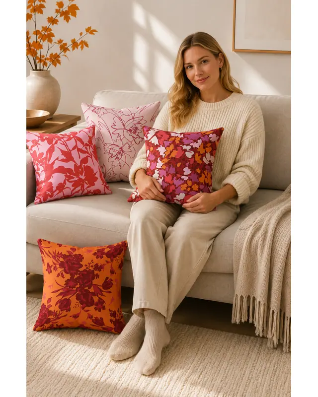 Double-Sided Printed Burgundy Pattern Set of 4 Coordinated Suede Cushion Cover - 2