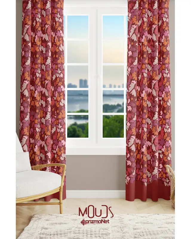 Burgundy 2 Desenli Süet Oturma Odası Salon Fon Perde Baskılı Ekstrafor Büzgü 2 Kanat PRD-1056