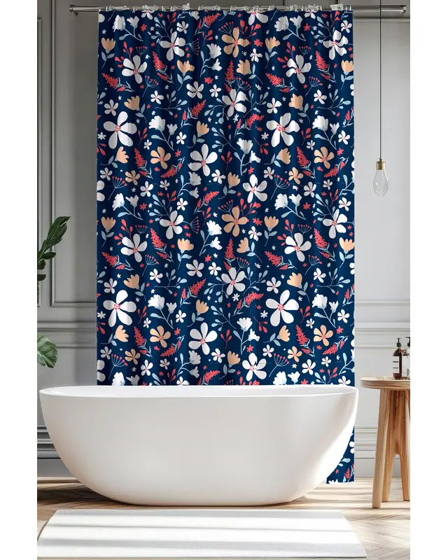 Banyo Perdesi, Lacivert Bahar Çiçeği Desenli Duş Perdesi, Küvet Perdesi, Halka Hediyeli 175x200cm