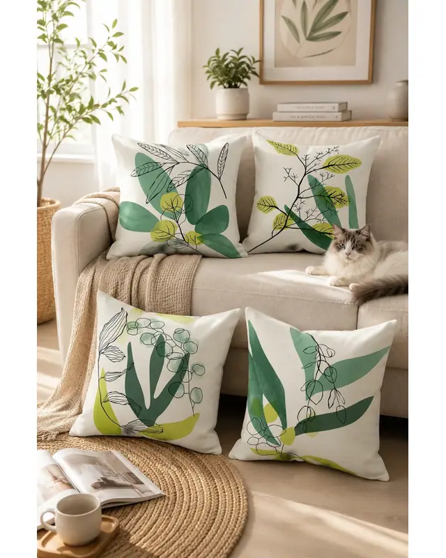 Double-Sided Printed Zeytin Dalı - 2 Pattern Set of 4 Coordinated Suede Cushion Cover