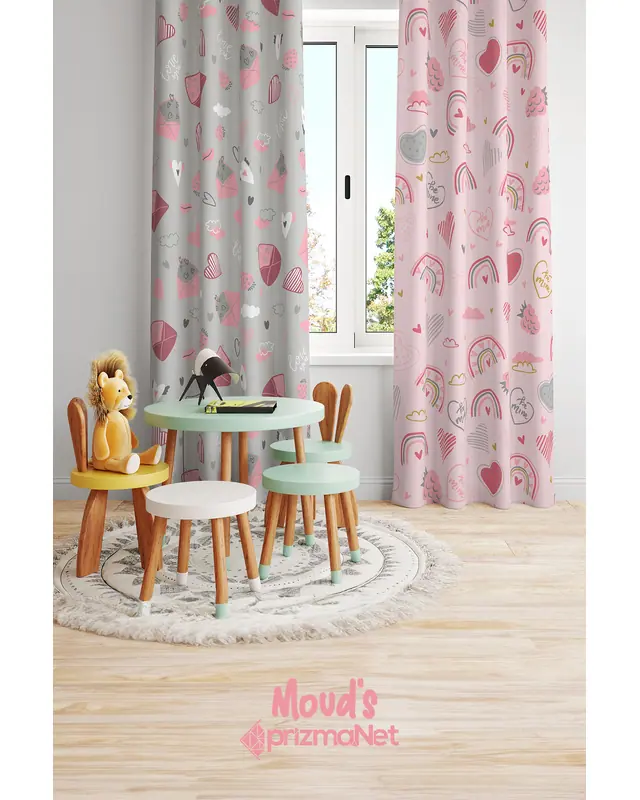 Kalp ve Zarf Desenli Baskılı Çocuk ve Bebek Odası Fon Perdesi 2 Kanat - PRD-33 - 2