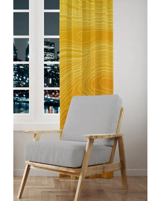 Yellow Wave Stile Desenli Süet Oturma Odası Salon Fon Perde Baskılı Ekstrafor Büzgü TEK KANAT